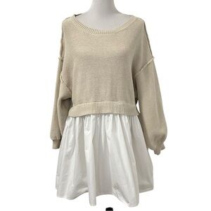 Zoco Womens Sweater Dress Sz Small Beige White 3/4 Ballon Sleeve Lined Pockets